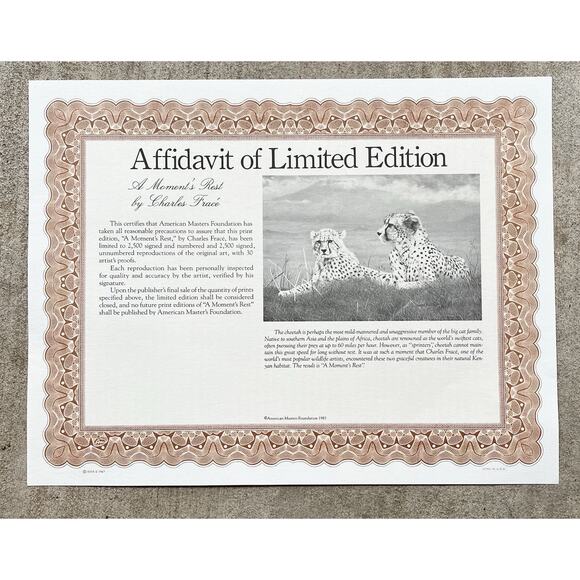 1983 Charles Fracé “A Moment’s Rest, Cheetah” Signed Large Print w/COA 32”X24” - Picture 7 of 10